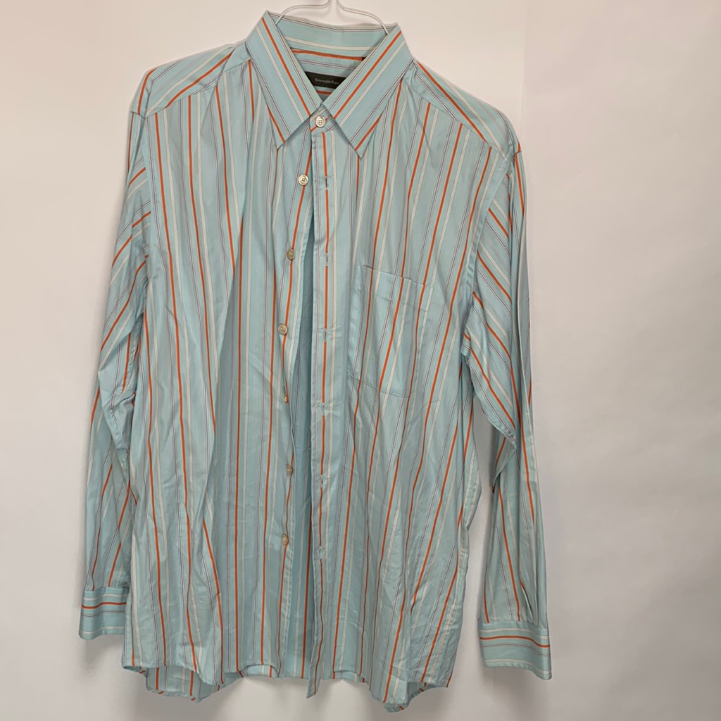 Hidden Buttoned Collar  Powdered Blue And Orange Stripped Shirt W Front Pocket